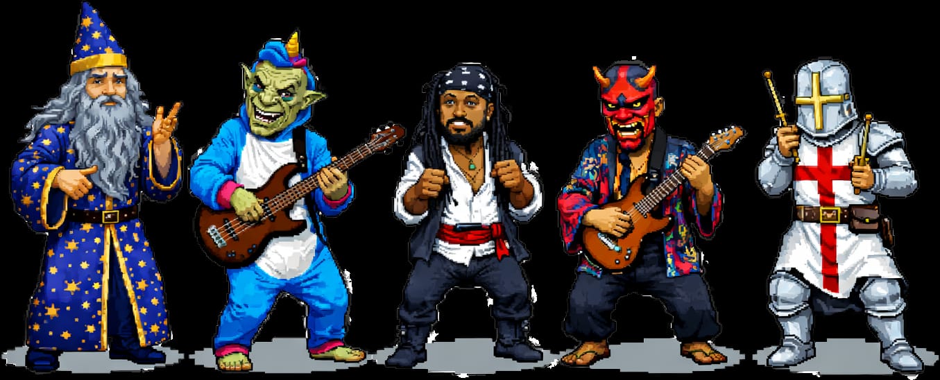 Tripulação em pixel art 16-bit.