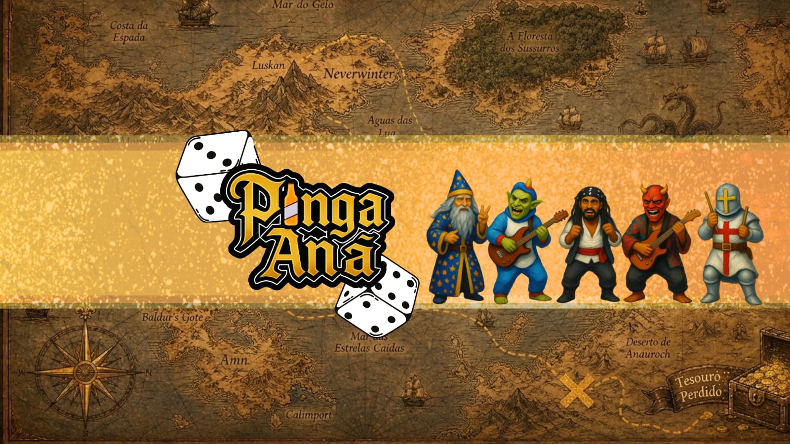 Mapa de fantasia com a tripulação Pinga Anã: Penetrus, Uni-Orc, Arthas Gaius, Red Oni e Sir Baldius.
