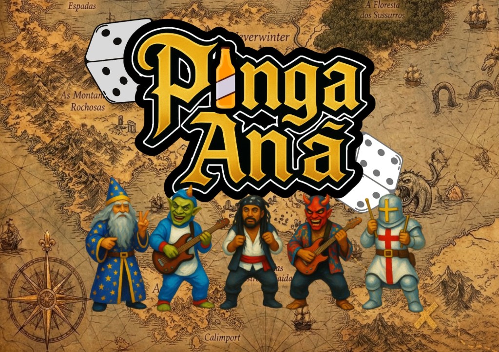 Logótipo Pinga Anã: título dourado, dados de RPG, mapa antigo e personagens de fantasia numa banda.