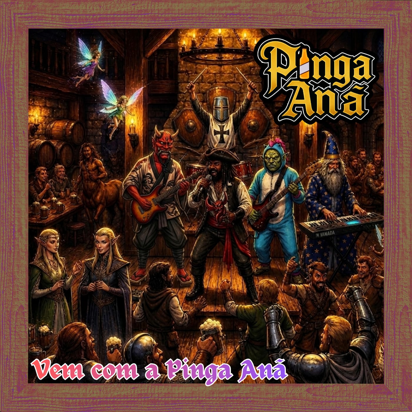 Capa: Vem com a Pinga Anã — taverna medieval com a tripulação no palco.